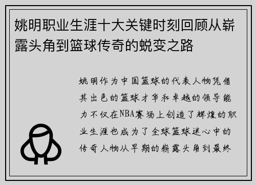 姚明职业生涯十大关键时刻回顾从崭露头角到篮球传奇的蜕变之路