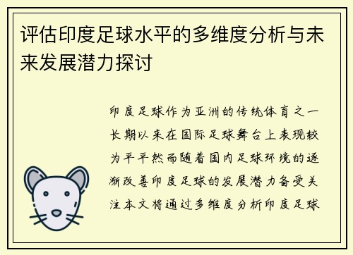 评估印度足球水平的多维度分析与未来发展潜力探讨